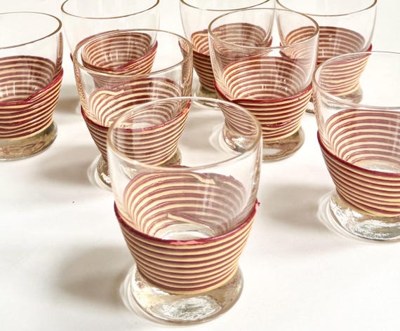 Mid Century Wrapped Glassware Set of 8 Beige and Red Wrapped Glasses Small Cocktail Barware Glasses MCM Vintage 50s