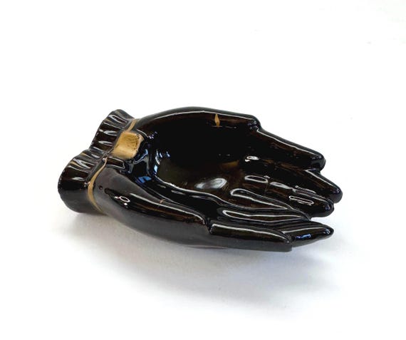 Vintage Black Ceramic Hand Dish: Mid Century Modern Ring Trinket Tray