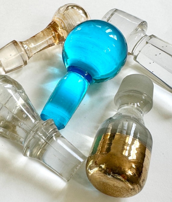 French Crystal Bottle Stoppers Paris Flea Market Find Vintage Antique Clear Blue Gold Cut Glass Barware Hostess Gift Decanter Top Stopper