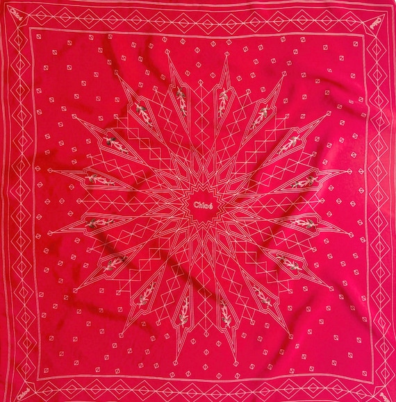 Vintage Chloe Silk Scarf 70s 80s Logo Print Lipstick Pink Red