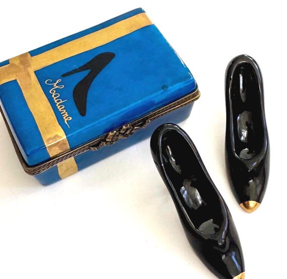Vintage Limoges Porcelain Shoe Box, France - Black & Gold Cap Toe Shoes