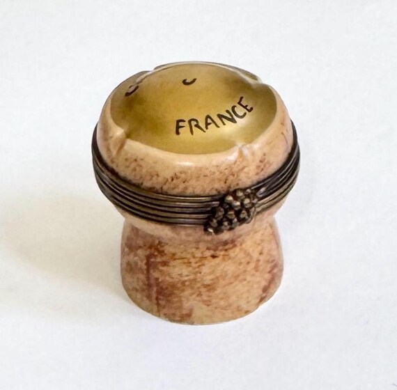 Vintage Limoges Champagne Cork Box Rochard France Peint Main Hand Painted Porcelain Grape Bunch Clasp Tiny Trinket Box Made in France