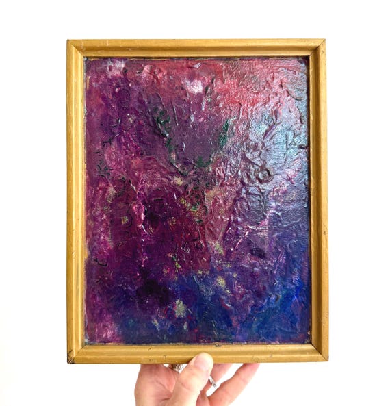 Original Abstract Oil Painting Dark Purple Pink Berry Aqua Textured Gilt Wood Frame Artist Information Small Minimalist Mid Century Art