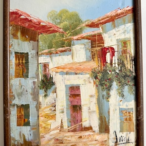 Vintage Mediterranean Village Oil Painting: Signed Framed Art