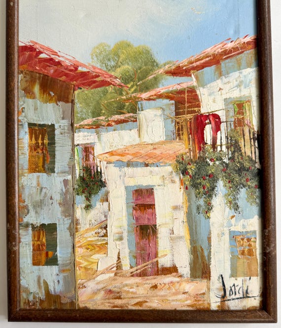 Signed Original Oil Painting European Spanish Greek Italian Mediterranean Village Town Rooftops Building Scene Vintage Vertical Jordi