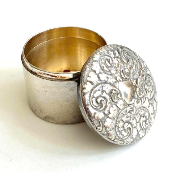 Victorian Silver Plate Trinket Box Floral Repoussé Lid