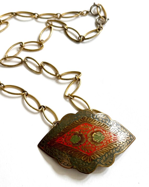 70s Vintage Enamel Brass Necklace: Indian Boho Pendant