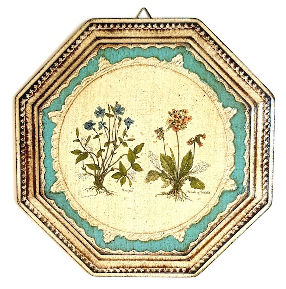 Vintage Florentine Floral Octagonal Wall Art Plaque Made in Italy