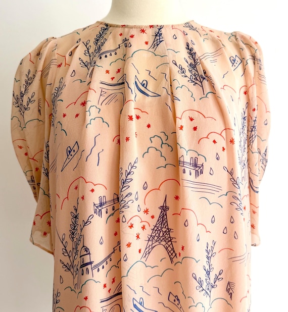 Vintage Cacharel Blouse Top Semi-Sheer Blush Ballet Pink Paris City Print
