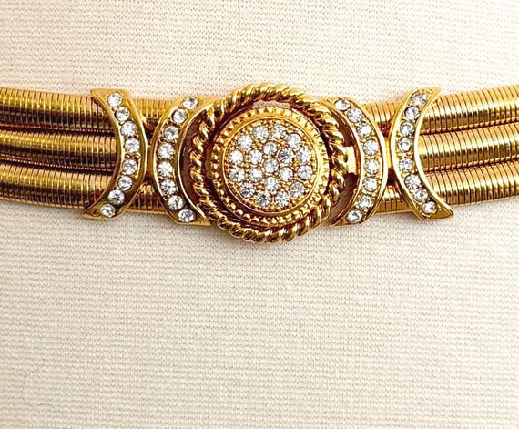 Vintage St. John Stretchy Metallic Gold Belt Diamanté Crystals 80s 90s