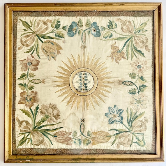Antique European Embroidered Silk Sunburst Floral 23.5” Square Gilt Frame Wall Hanging