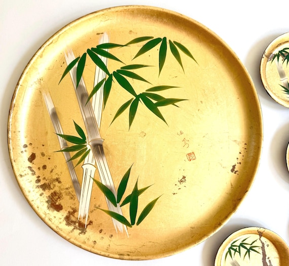Vintage Gilt Bamboo Tray & Coaster Set: Mid-Century Japanese Lacquerware