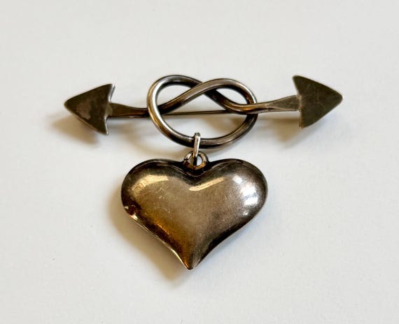 Sterling Silver Heart Pin Double Arrow Brooch Vintage Antique Heirloom 925 Mexican Silver Jewelry Minimalist Sculptural Puffy Heart Charm