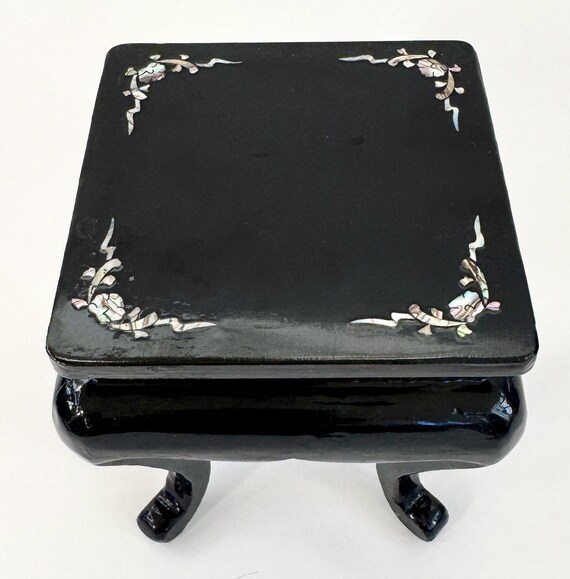 Lacquered Wood Vase Stand Early Mid Century Vintage Black Wood Square Plant Stool Flush Floral Abalone Inlay Asian Chinese Japanese
