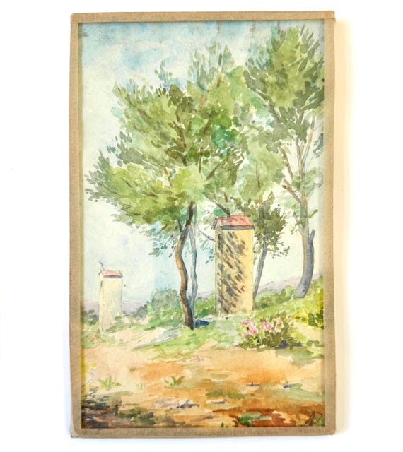 Antique Signed French Watercolor Painting French Countryside Provence Landscape