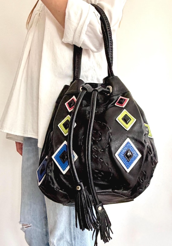 Vintage Buttery Soft Black Leather Drawstring Bag Colorful Diamond Leather Appliqué