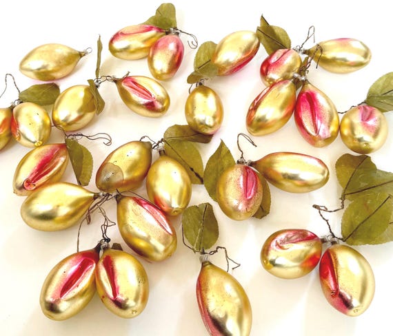 Vintage West Germany Glass Ornaments Lot Set of 28 Fruit Shaped Fold Pink Glass Old Patina Christmas Tree Holiday Decor