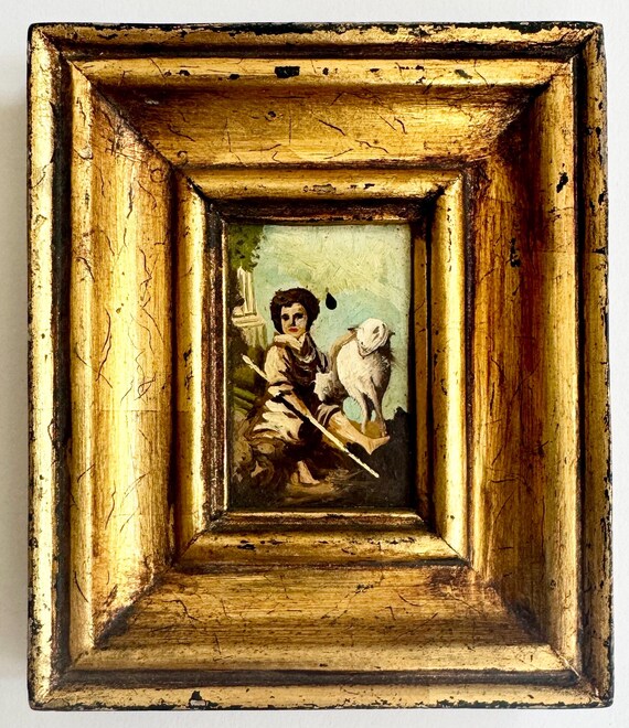 Vintage Shepherd Painting Gilt Wood Frame Original Oil Painting Inspired by Murillo Good Shepherd Tiny Small Micro Wall Art Religious Sheep