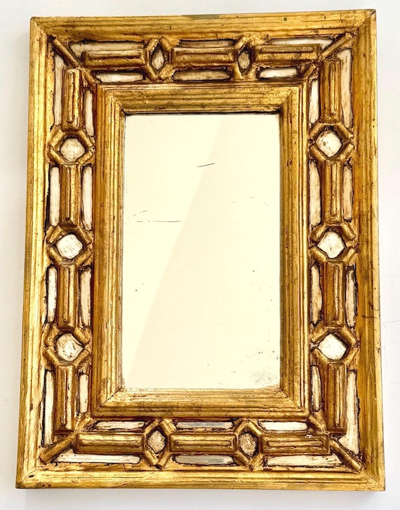 Vintage Gilt Wood Frame Wall Mirror Gold Lind Design Vertical Rectangle 11.5” x 15.5"