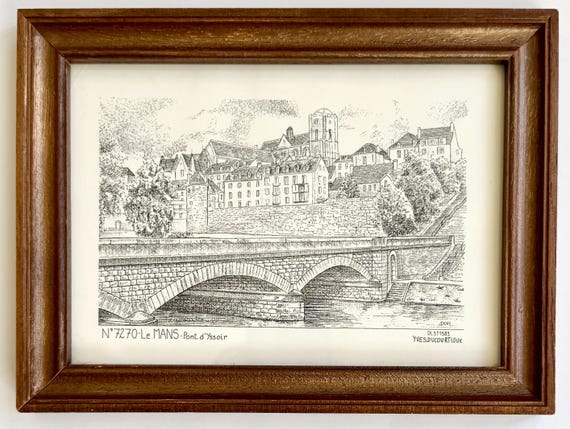 Vintage French Architecture Print Vintage Black White Le Mans France Pont d’Yssoir by Yves Ducourtioux Small Framed Wall Art