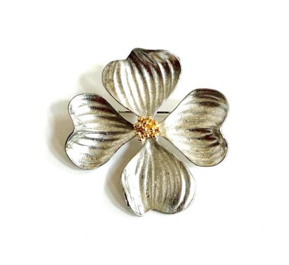 Vintage Anne Klein Flower Brooch Pin Silver and Gold