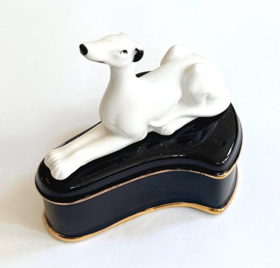 Vintage Greyhound Porcelain Box Black and White Laying Greyhound Dog Gold Trim Lidded Box