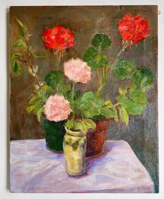 Floral Original Oil Painting Red Pink Flower Still Life Large Wall Art Large Stretched Canvas on Wood Frame Botanical Plant Flowers in Vase