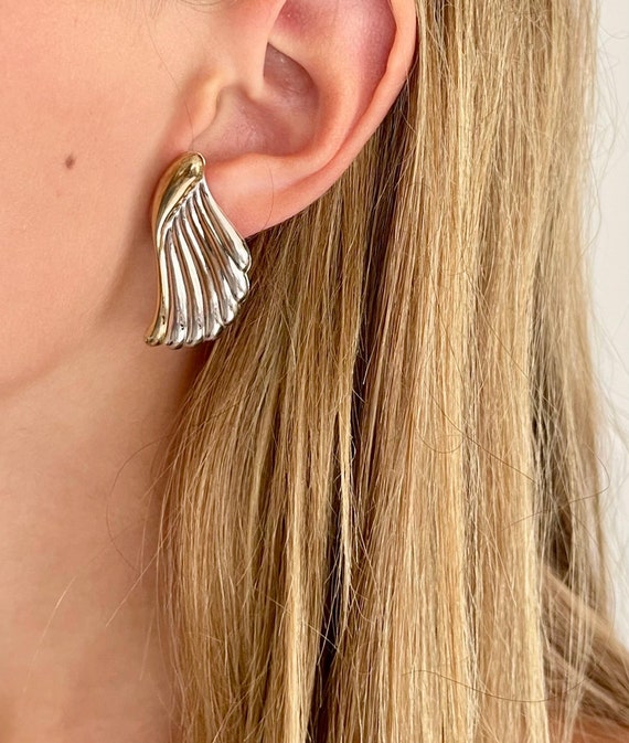 Vintage Sterling Wing Earrings Minimalist Sterling Silver 925 Long Ribbed Winged Stud Earrings Gold Accent