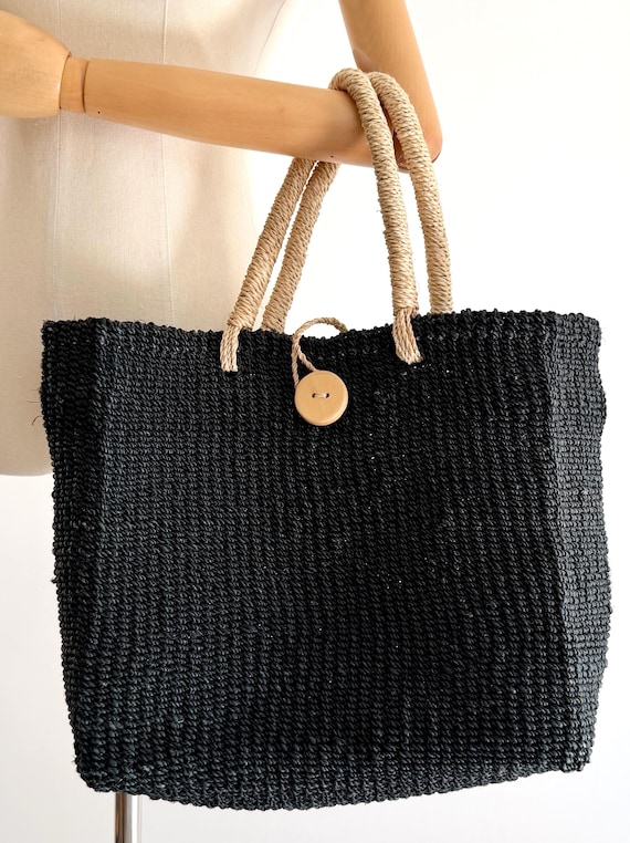 Vintage Sisal Market Bag Dark Indigo Ink with Beige Top Handle Straps