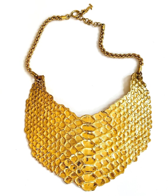 Vintage 90s YSL Gold Bib Necklace Embossed Python Snakeskin Pendant