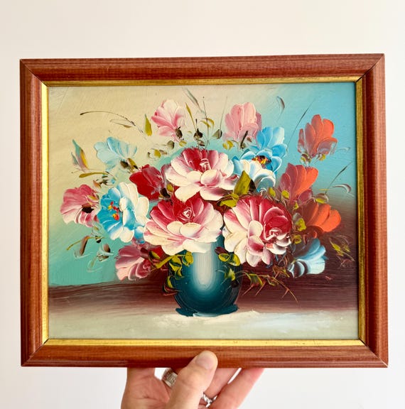 Small Floral Oil Painting Vintage Hand Painted Original Art Wood Frame Pink Red White Orange Blue Flowers in Vase Still Lief Small Wall Art