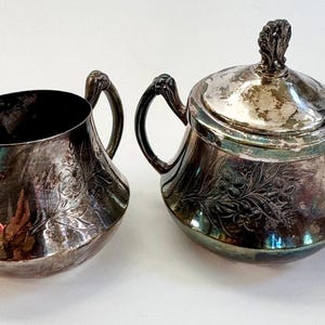 Silver Plate Creamer Sugar Bowl Set Antique Vintage Etched Silver Metal Very Old Aged Dark Patina Tea Set Homan Quadruple Silver Plated