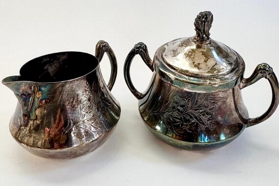 Silver Plate Creamer Sugar Bowl Set Antique Vintage Etched Silver Metal Very Old Aged Dark Patina Tea Set Homan Quadruple Silver Plated