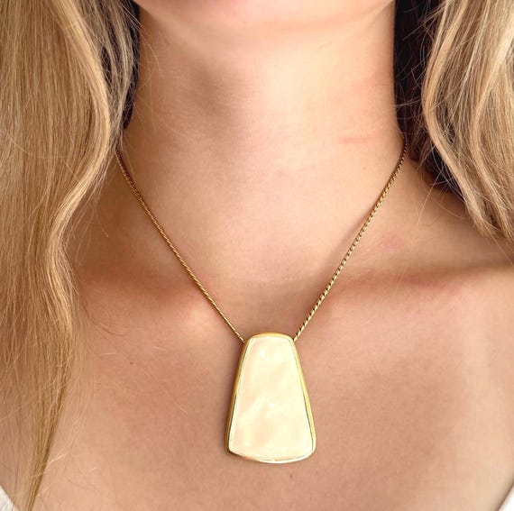 Monet Gold Enamel Necklace Choker Signed Vintage 80s Costume Jewelry Large Cream Natural White Enamel Pendant Gold Chain