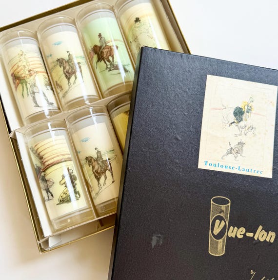 Mid Century Toulouse-Lautrec Glassware Set in Original Box Vintage Vue-Ion Ware Litho Glass Inc Lockport Illinois Illustrated Glasses