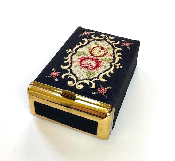 Vintage Needlepoint Cigarette Case Black Floral Gold Frame Box Made in West Germany by Golden Seal