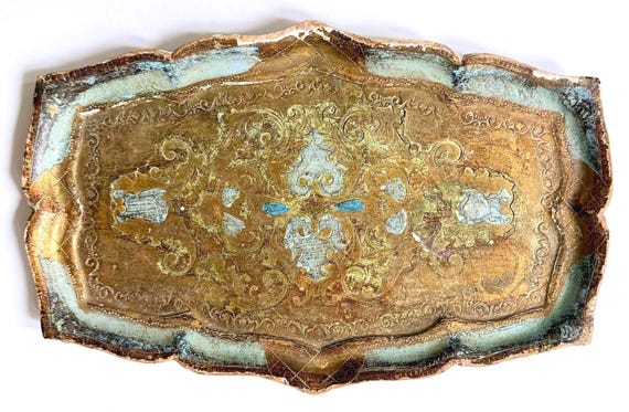 Vintage Florentine Tray Italian Ornate Decorative Painted Gilt Gold Wood