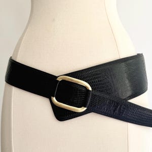 Vintage 80s Black Lizard Embossed Leather Belt - Liz Claiborne Gold Buckle