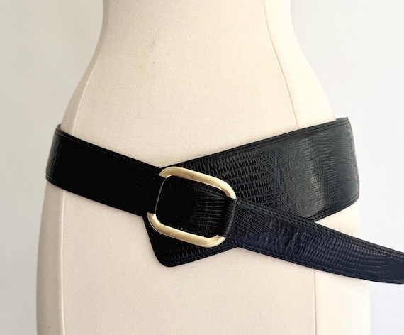 Vintage 80s Black Lizard Embossed Leather Belt - Liz Claiborne Gold Buckle