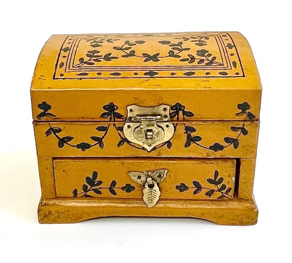 Vintage Hand Painted Wooden Jewelry Box Mustard Yellow Floral Design
