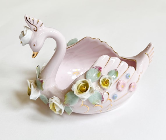 Vintage Swan Planter Pot Dish Mid Century Japan Baby Ballet Pink French Swan Pastels Flowers Gold Accents Made in Japan Succulent Pot