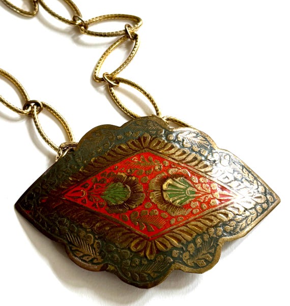 Vintage Enameled Brass Necklace 70s Gold Link Chain
