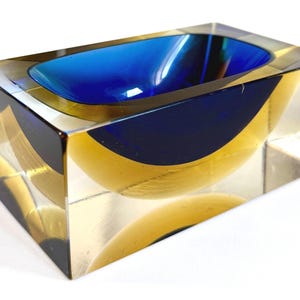 Vintage Murano Glass Ashtray: Cobalt Blue, Yellow, Clear - Mid Century Modern
