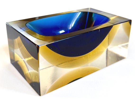 60s Murano Glass Ashtray Thick Cobalt Blue Yellow Clear Attributed to Flavio Poli for Seguso Mid Century Indent Geode Atomic Glassware