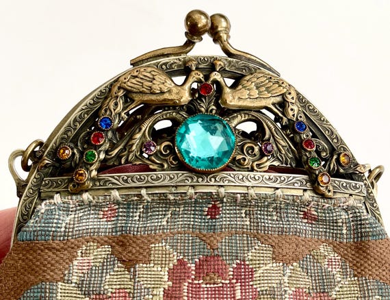 Vintage Brass Peacock Bag Purse Flapper Style Crystals Gold Brass Metal Frame Chain Strap Diamante Accents Silk Lining
