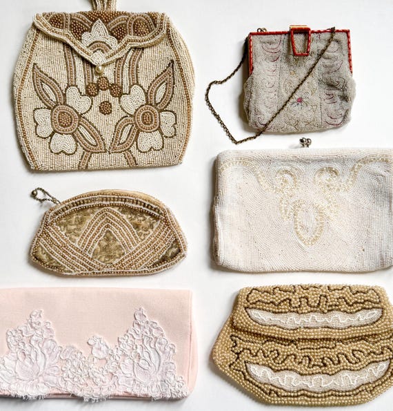 Vintage Wedding Bridal Purse Bag Clutch Ivory White Pearl Ballet Pink Beaded Lace Something Old Classic Antique Victorian French Belgium
