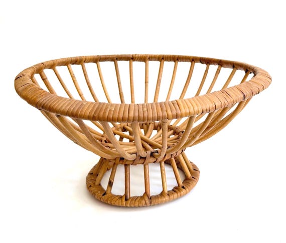 Vintage Rattan Pedestal Fruit Basket Mid Century MCM Design