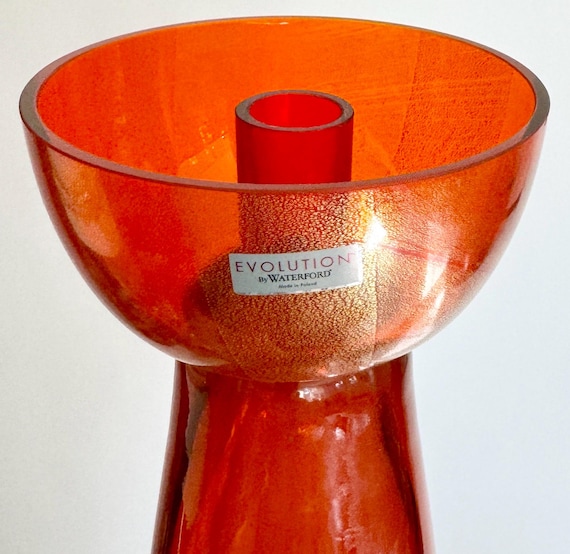 Tall Waterford Crystal Candlestick Holder Evolution by Waterford 14.5" Sculptural Minimalist Modernist Ombre Tomato Orange Smokey Purple