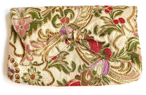 Vintage Rodo Tapestry Purse Bag Clutch Original Tag Made in Italy Gold Chain Strap Floral Designed