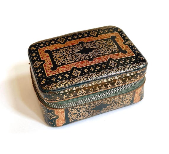Vintage Florentine Jewelry Box Gilt Embossed Leather Velvet Lined